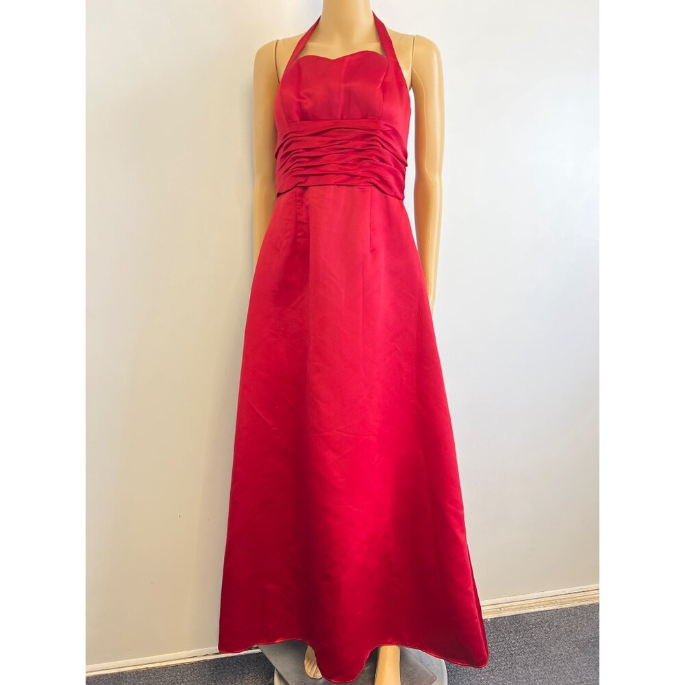 Mori Lee Red Satin Halter Formal Gown Rhinestone Vtg Party Maxi Dress size 11/12